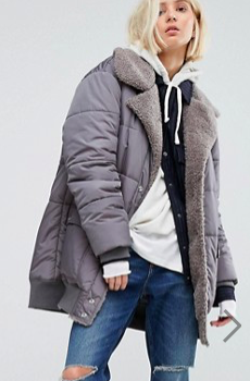 Puffa Oversized Longline Bomber Jacket With Faux Shearling Shawl Collar