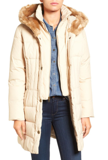 Quilted Down & Feather Fill Coat with Faux Fur Trim Hood  LARRY LEVINE