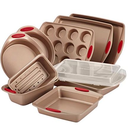 Rachael Ray 10-Piece Cucina Nonstick Bakeware Set, Latte Brown with Cranberry Red Handle