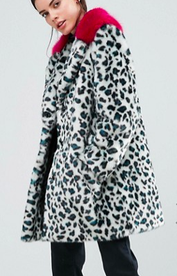 ASOS PETITE Faux Fur Coat in Leopard Print with Bright Collar