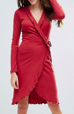 ASOS Wrap Dress in Rib with Frill Detail