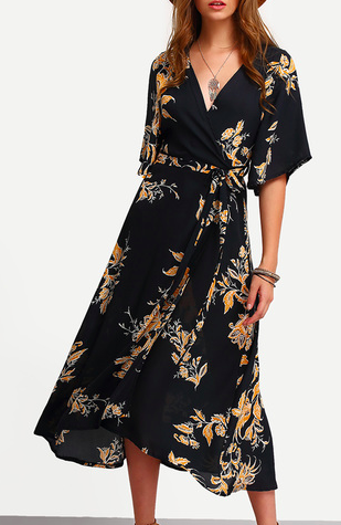 ROMWE V Neck Florals Wrap Dress