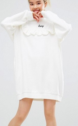 Lazy Oaf Mono High Neck Frill Sweat Dress With Front Lazy Slogan