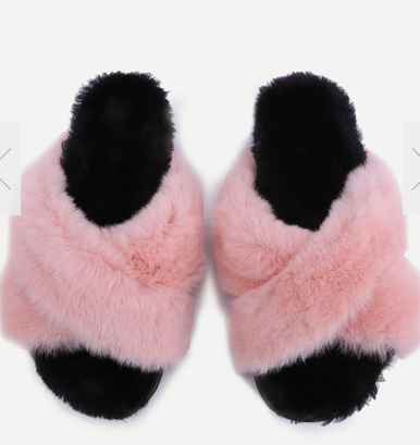 Pink Rabbit Hair Fur Lined Flatform Slippers