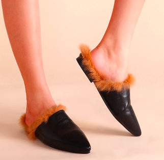 Black Faux Leather Point Toe Fur Lined Flat Slippers