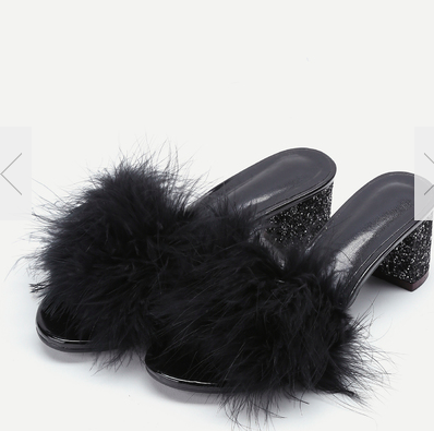 Black Feather Furry Slides Heeled Slippers