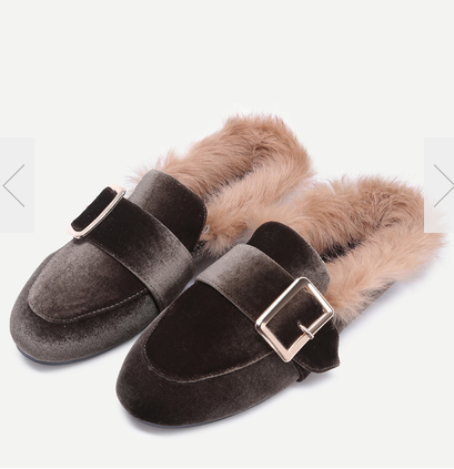 Brown Velvet Buckled Faux Fur Embellished Flats