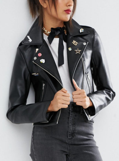 ASOS TALL Ultimate Leather Look Biker Jacket with Pin Badge Detail