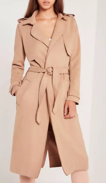 MISSGUIDED raw seam faux suede trench coat nude