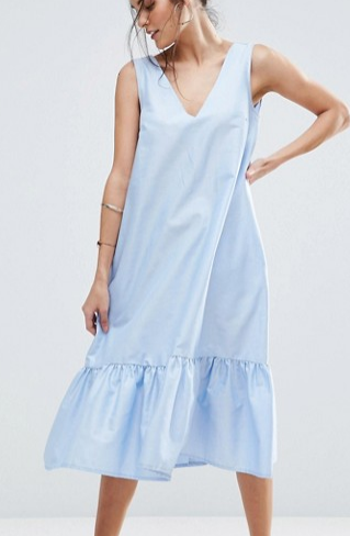 ASOS Midi Dress with Tiered Hem in Oxford Twill