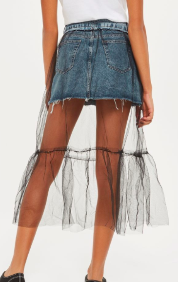 Topshop PETITE Tulle Overlay Denim Skirt