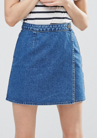 ASOS Denim Wrap Skirt in Mid Wash Blue