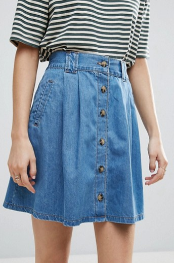 ASOS Denim Button Front Mini Skater Skirt In Mid Wash Blue