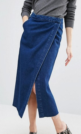 ASOS Denim Midi Wrap Skirt With Raw Hem in Dark Wash Blue