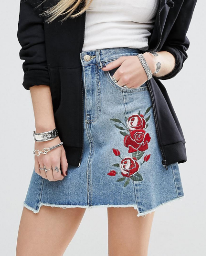 Minkpink Beauty And The Beast Reconstructed Denim Skirt With Rose Embroidery