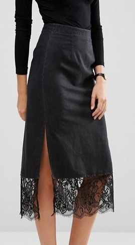 ASOS TALL Denim Slip Skirt With Lace Hem in Washed Black