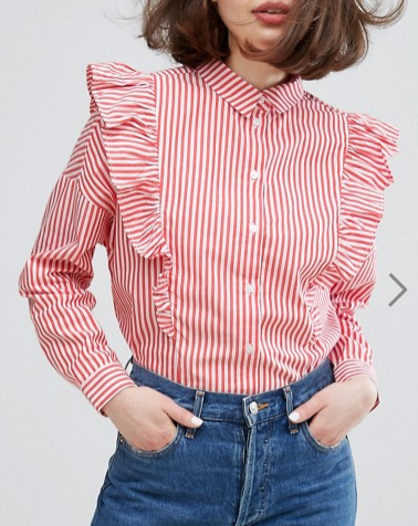 Monki Stripe Ruffle Shirt