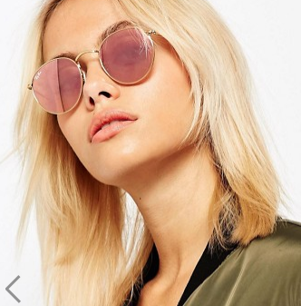 Ray-Ban Round Metal Flat Lens Mirror in Pink with Gold Frame