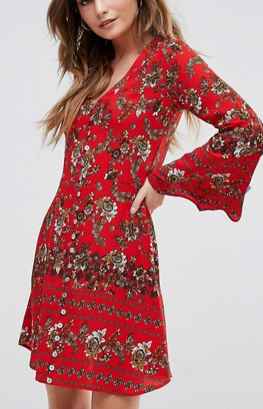 Boohoo Flute Sleeve Floral Print Swing Dress