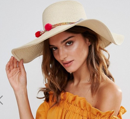 South Beach Straw Floppy Hat with Pom Pom Trim