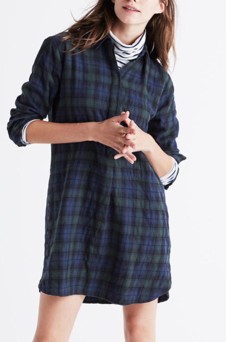 flannel side-button shirtdress in dark plaid