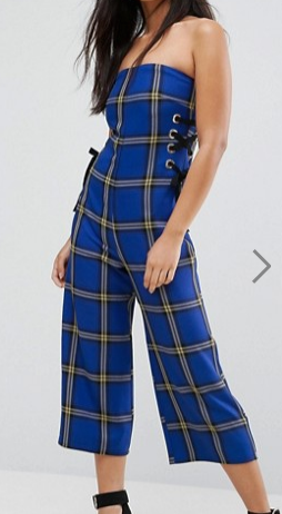 ASOS Bandeau Jumpsuit in Check Print with Lace Up Side Detail