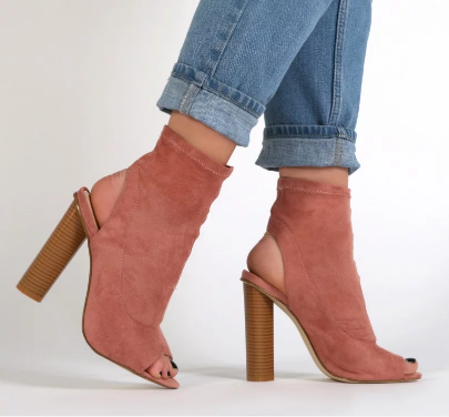 ALIAH CUT OUT STACKED HEEL STRETCH ANKLE BOOTS IN ROSE PINK FAUX SUEDE