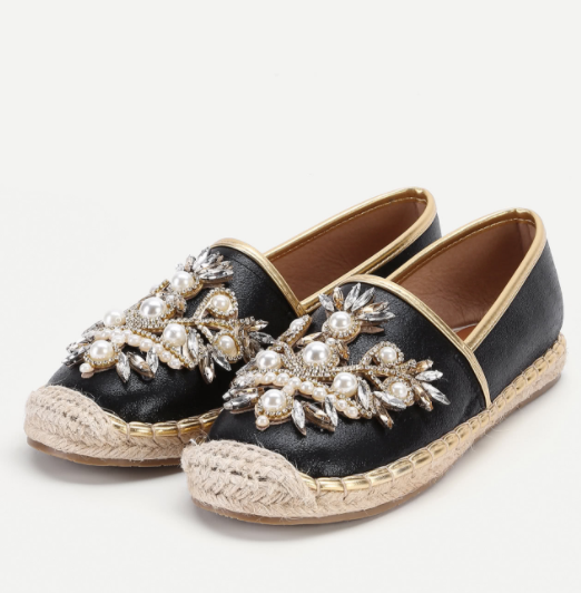 Faux Pearl & Rhinestone Cap Toe Flats