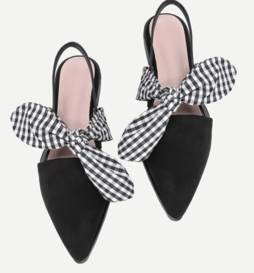 Gingham Bow Tie Decorated Pointed Toe Flats