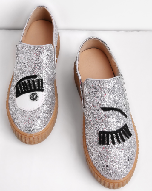 Eyelash Pattern Glitter Slip On Plimsolls