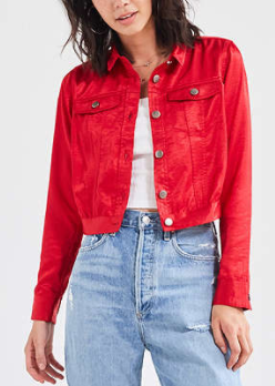 UO Cropped Satin Trucker JacketUO Cropped Satin Trucker Jacket