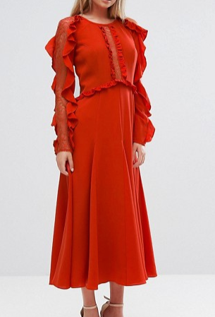 Three Floor Long Sleeved Midi Dress With Frill Detail