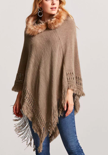 Forever 21 Faux Fur Hooded Poncho Sweater