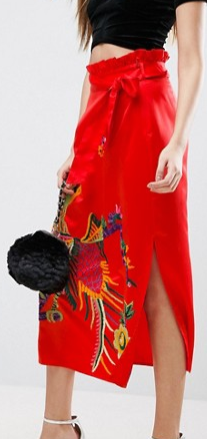 ASOS Embroidered Midi Skirt in Satin with Paperbag Tie Waist