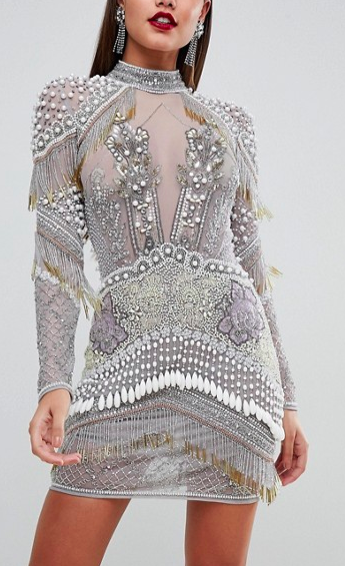 ASOS RED CARPET All Over Silver and Pearl Embellished Mini Dress