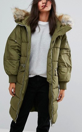 Pull&Bear Long Line Padded Jacket With Faux Fur Hood