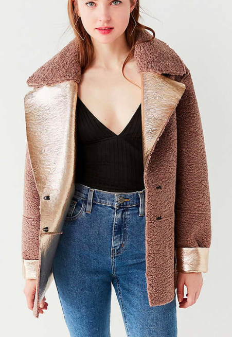 UO Reversible Metallic Faux Shearling Jacket