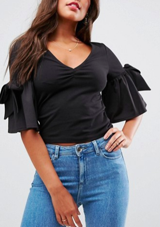 ASOS Top with V Neck with Three Quarter Pretty Bow & Bell Sleeve