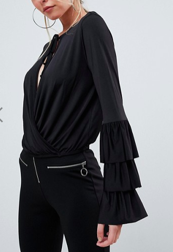 ASOS Wrap Front Top with Frill Sleeves and Tie Neck