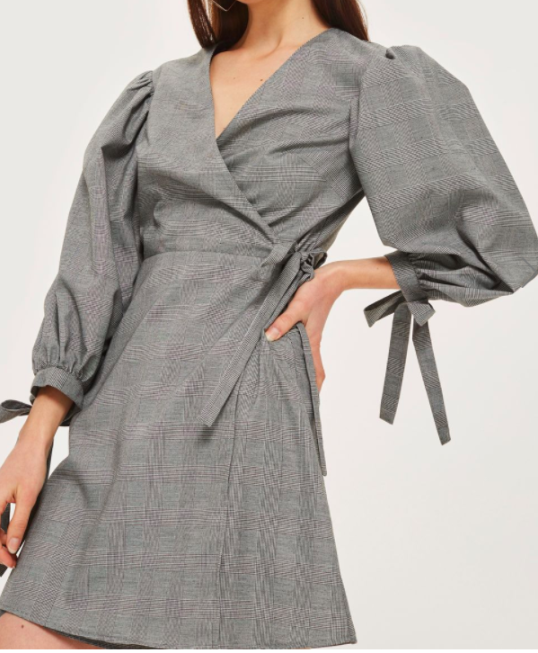 TOPSHOP Checked Ovoid Sleeve Wrap Dress