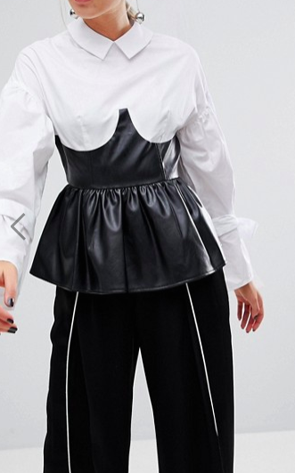 Lost Ink Shirt With Tie Sleeves And Faux Leather Corset Peplum