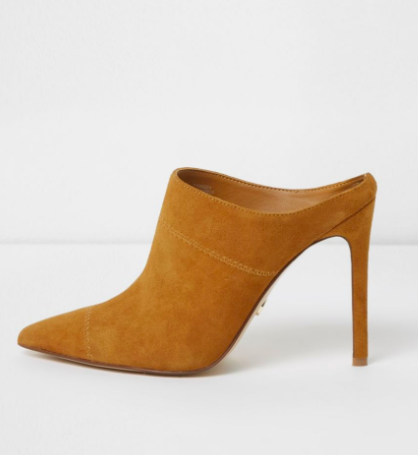 River Island Tan pointed toe stiletto suede mules