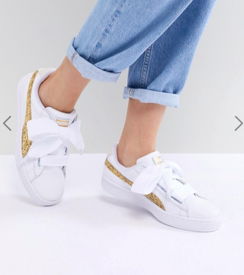 Puma Basket Heart Sneakers In White With Gold Glitter