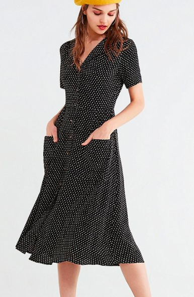 UO Polka Dot Button-Down Midi Shirt Dress