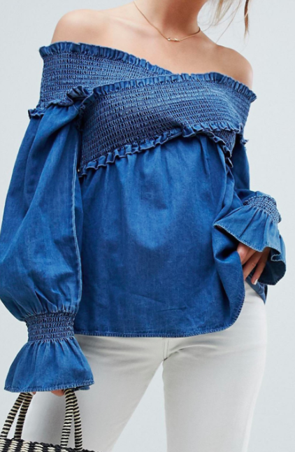 ASOS DESIGN denim shirred off shoulder smock top