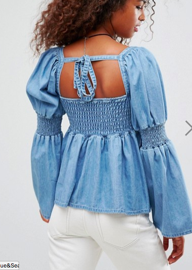 ASOS Denim Puff Sleeve Smock Top