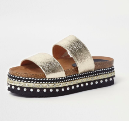 Rover Island Gold metallic embellished flatform sliders