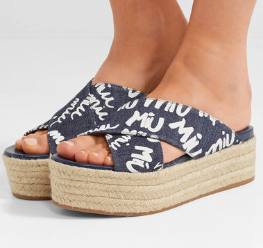 MIU MIU Logo-print denim espadrille platform sandals