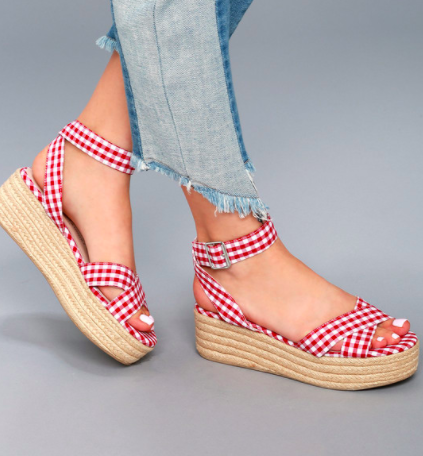 ZALA RED AND WHITE GINGHAM ESPADRILLE FLATFORM SANDALS CHINESE LAUNDRY