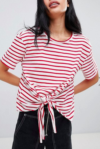 Pull&Bear Tie Front T-Shirt In Red Stripe